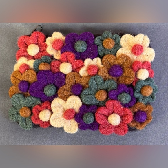Rising Tide Accessories - Rising Tide Felted Wool Flowers Clutch Purse Handmade 100% Sheep Wool Made Nepal